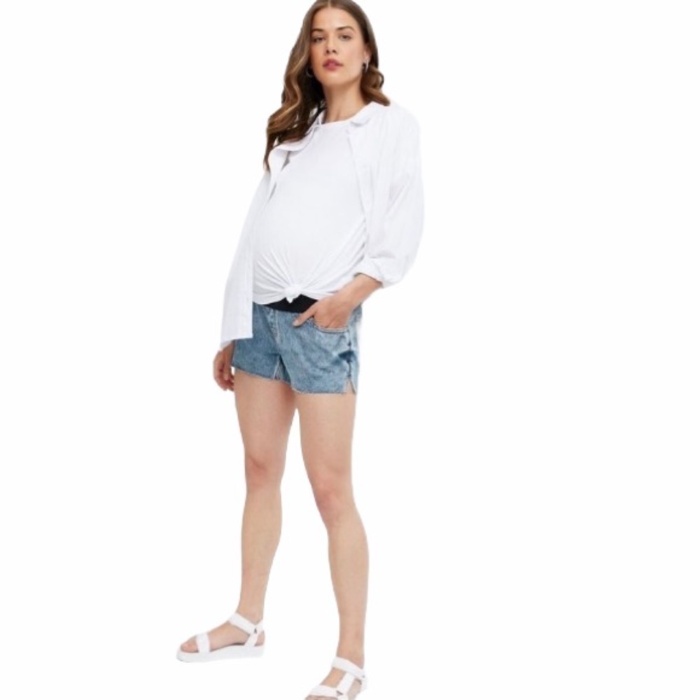 Maternity Blue Denim Raw Hem Under Bump Shorts - Picture 10 of 10